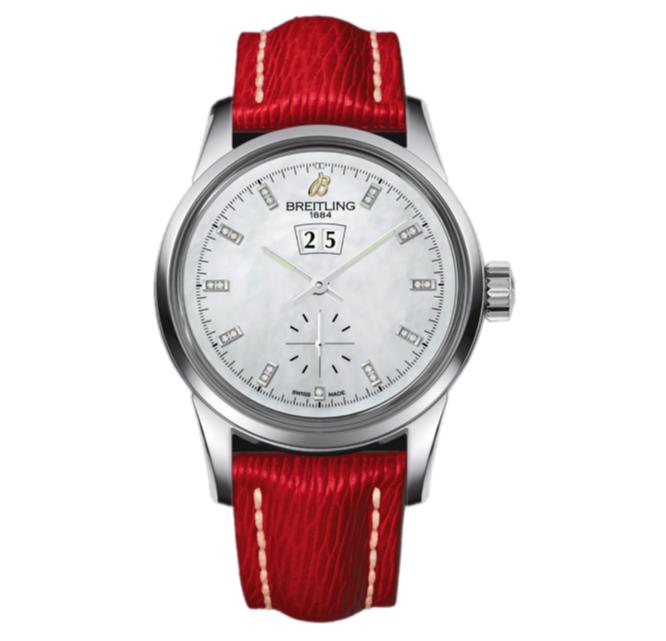 The stainless steel fake watch has red strap.
