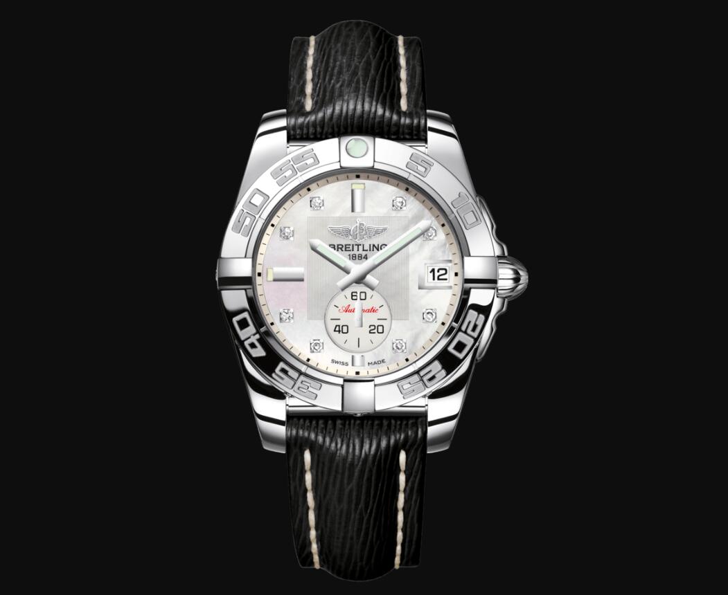 The 36mm replica watch has a white mother-of-pearl dial.